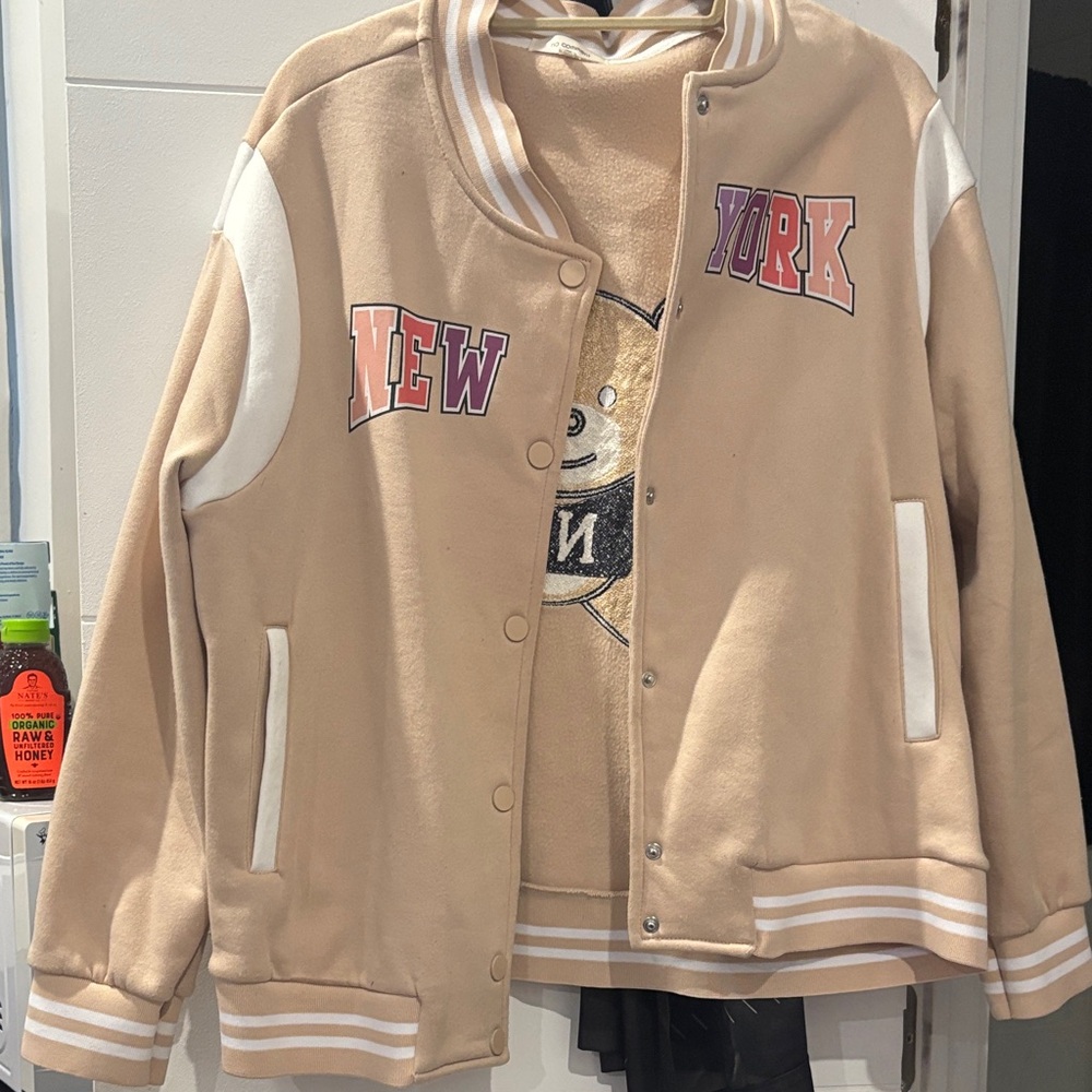 Beige Varsity Jacket with New York Patch